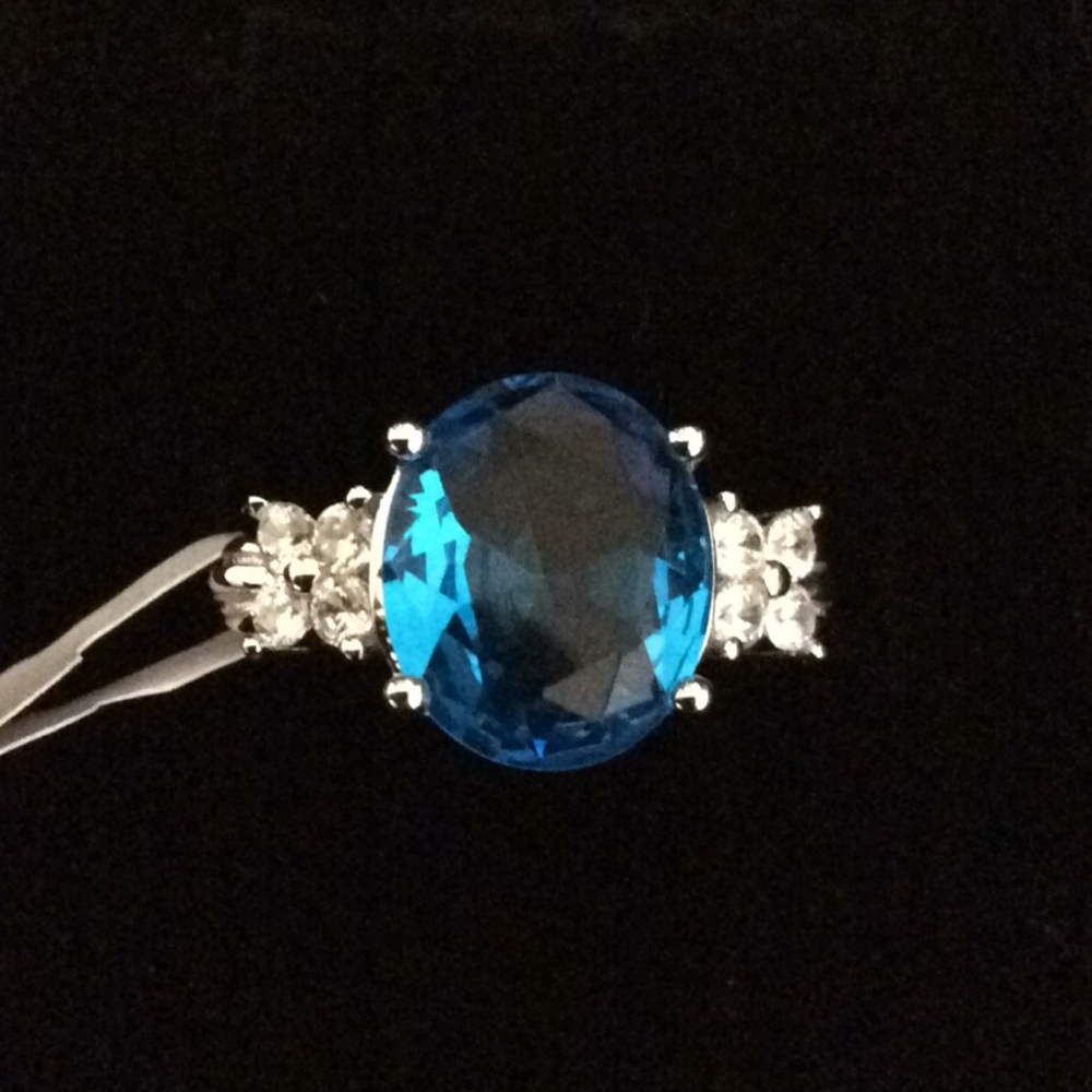 Simulated Aqua quartz, diamond ring, st. silver.